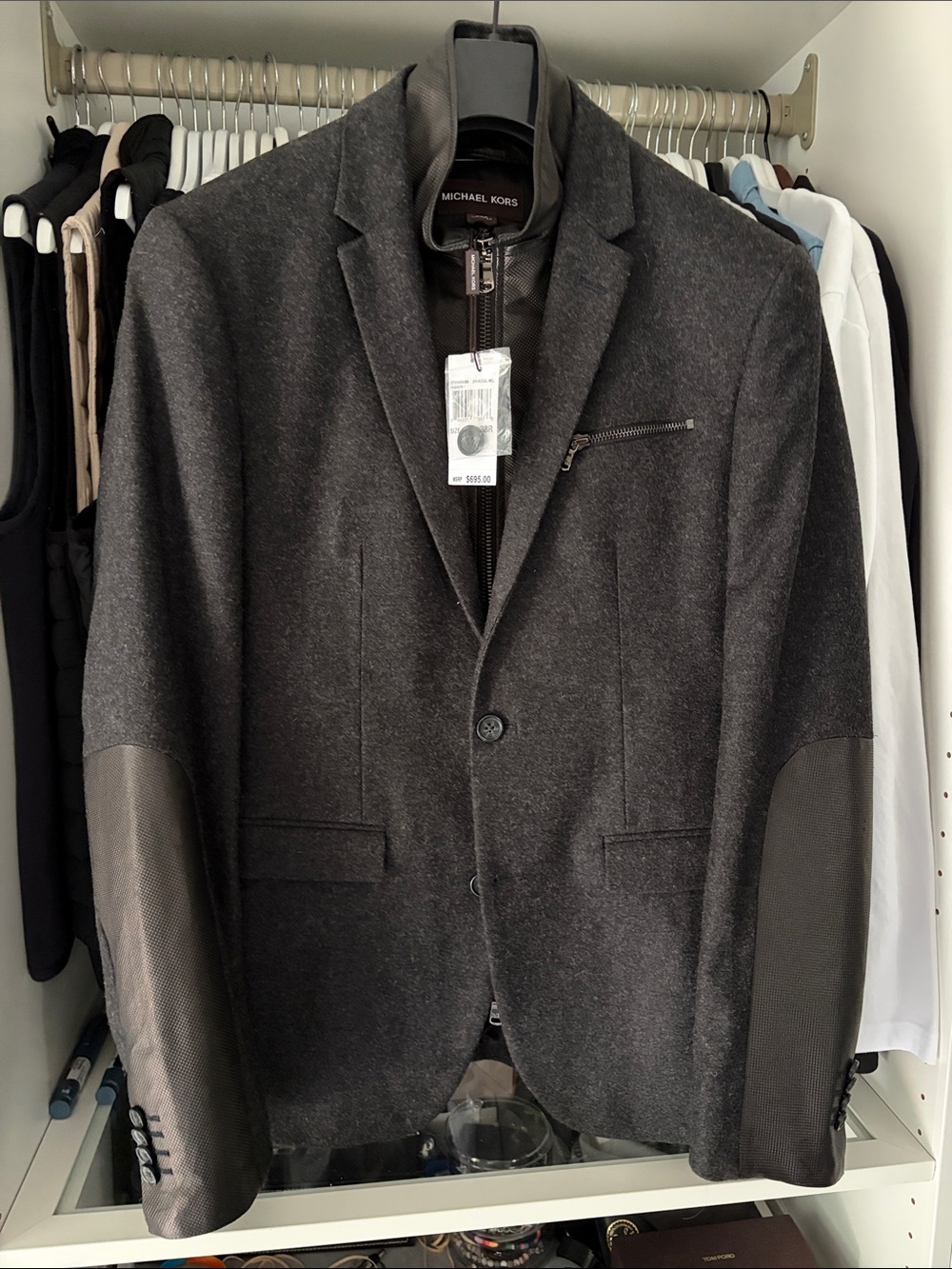 Michael Kors Dark Charcoal Blazer with Textured Elbow Panels; faux leather layer